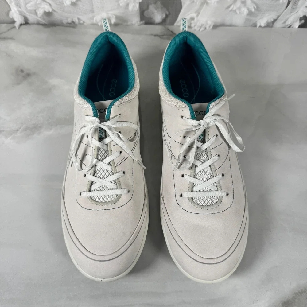 Ecco Leather Sneakers Off-White Teal Lace Up Comfort Casual EU 42 US 11/11.5‎